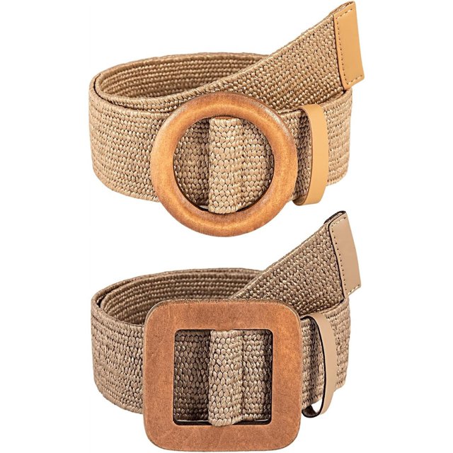 Zhengup Women's 2 Buckle Elastic Straw Belts Boho Waist Belt