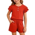 thumbnail image 4 of Ticikt Girls Summer 2-Piece Outfits, Ruffle Short Sleeve Button Down Shirt and Shorts Set for Kids 5-13Y,Red, 4 of 5