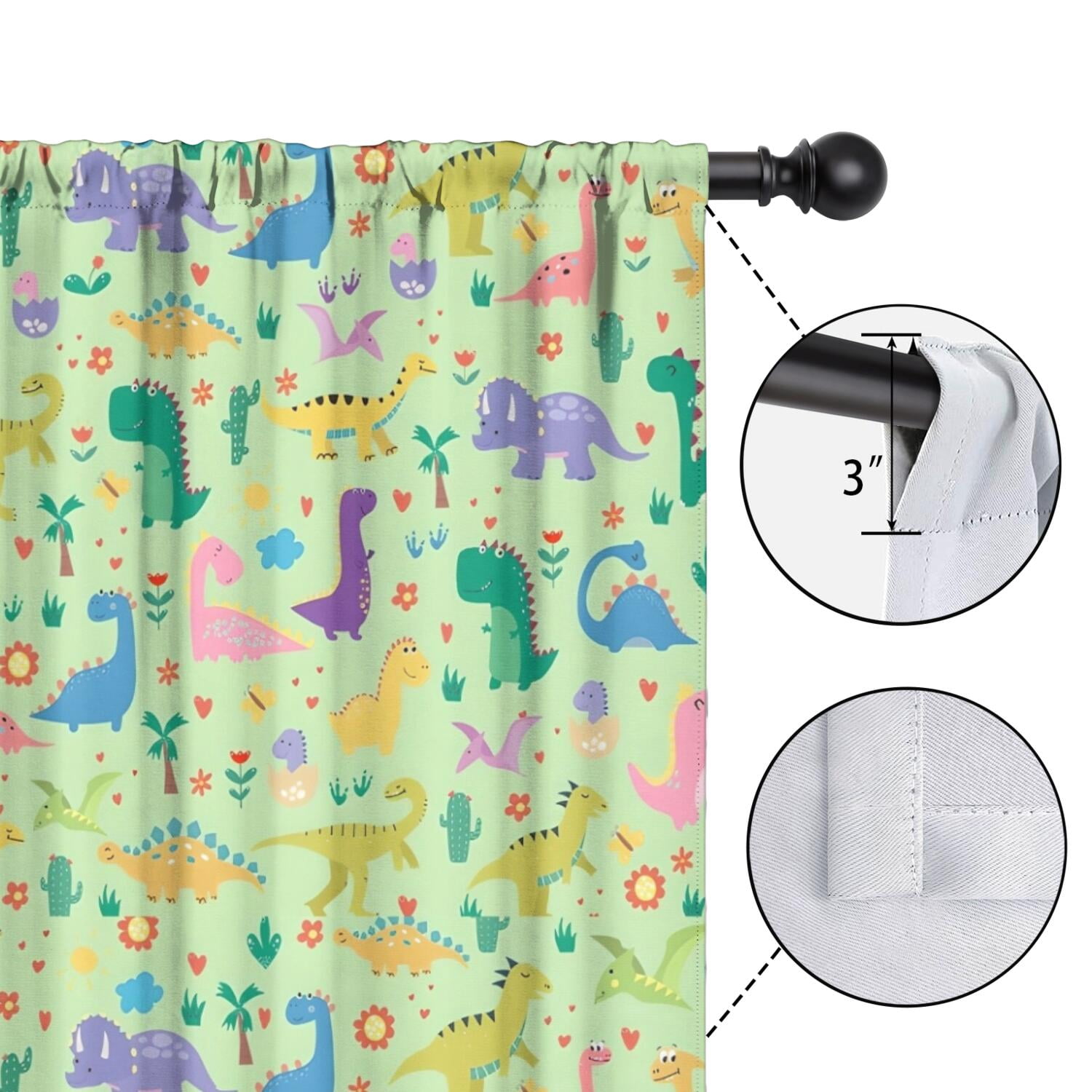 Blackout Kids Curtains,Green Dinosaurs Cacti Pattern Childrens Insulated Curtains Set Of 2,Bedroom Essentials,Toddler Room Decor 42"x63"