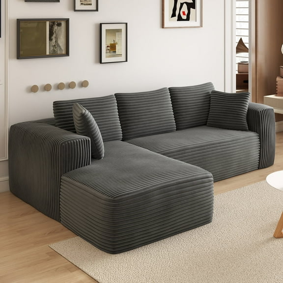 LOGYAT 98" Cloud Sectional Sofa for Living Room, Compressed Modular L Shaped Couch with Deep Seat, Corduroy Boneless Couches for Bedroom, No Assembly Required, Dark Grey