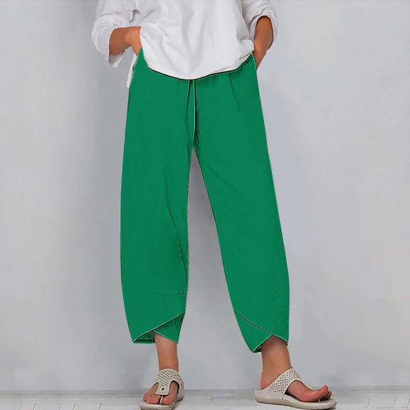 WIZUTIZ Summer Pants for Women Breathable Trendy Loose Wide Leg Summer Pants Spandex Elastic High Rise 7/8 Length Summer Pants Solid Asymmetrical Cropped Sweatpants for Lady Running Street Green