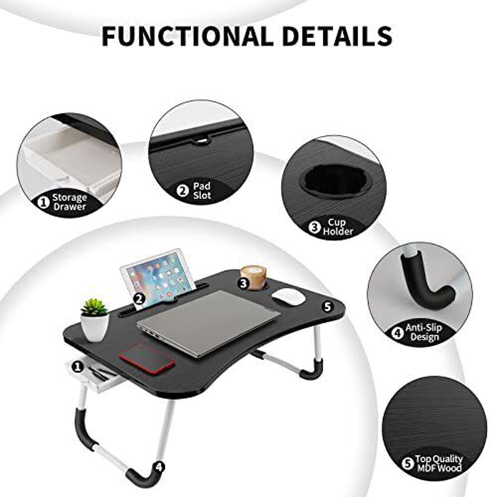 VINAUO Lap Desk with Drawer, 23.6" Extra Large Foldable Laptop Bed Tray Table with Cup Holder & iPad Slot, Portable Breakfast Bed Trays for Working, Eating, Writing on Bed Couch, Black