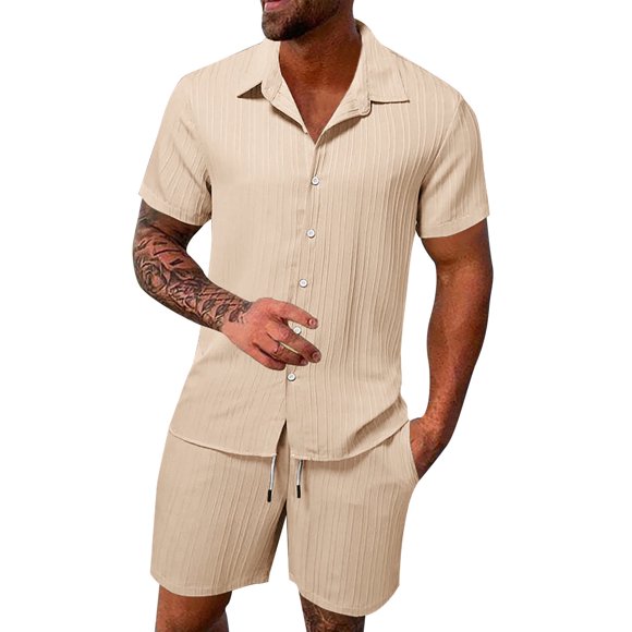 Ediodpoh Mens Spring and Summer Leisure Sports Comfortable Breathable Sweat Absorbing Short Sleeved Shorts Two Piece Set Mens Summer Outfits Khaki XL