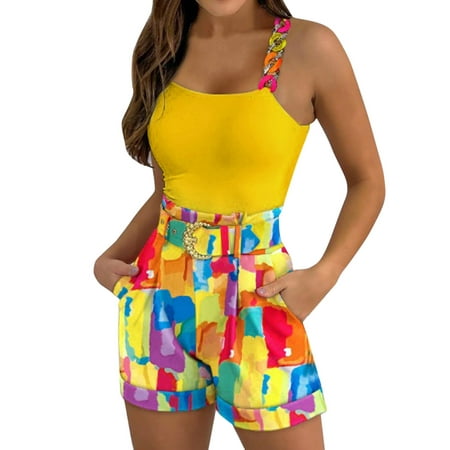 MSJUHEG Shorts For Women Workout Shorts Womens Set Shorts Set Sleeveless Vest Top Suit Shorts Two Piece Set Floral Print Basic Tank Top & Shorts Set With Belt Womens Shorts Yellow Xl