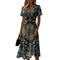thumbnail image 2 of Minjewel Ladies Floral Casual Fashionable Short Sleeve V-Neck Dress for Spring Summer Women's Daily Casual Wear,Dark Blue,XL, 2 of 6