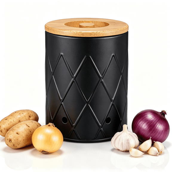 Damkogic Small Size Black Bamboo Lid Storage Tin - 5.5" x 4.3" Vegetable Canister for Small Onion & Garlic, Durable Metal Kitchen Organizer Bin for Countertop & Pantry