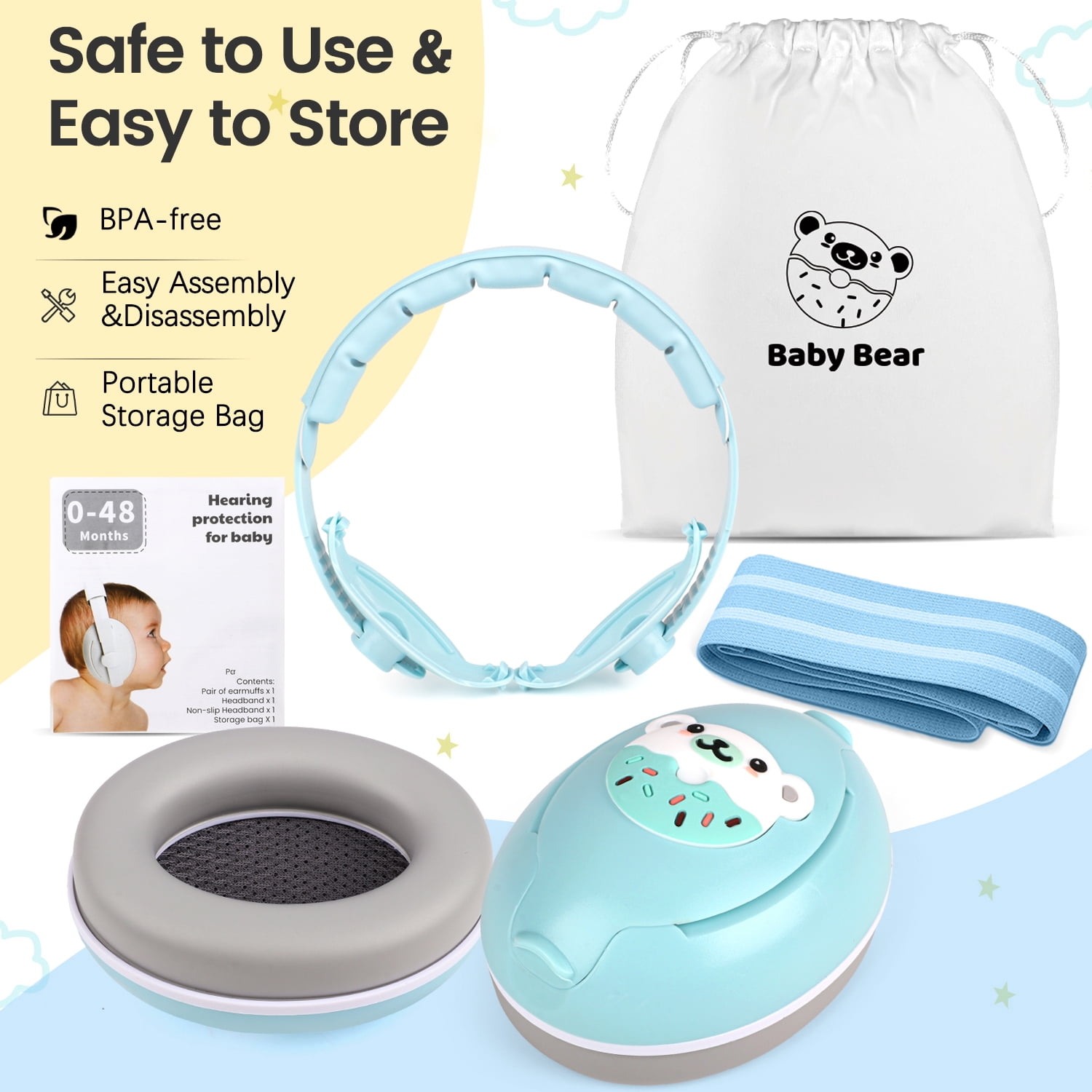 UQN 2-in-1 Baby Ear Muffs Noise Protection,Noise Canceling Headphones for Baby & Toddler 0-12-36 Months, Infant Ear Protection in Plane, Adjustable Headband,Improves Sleep - Blue