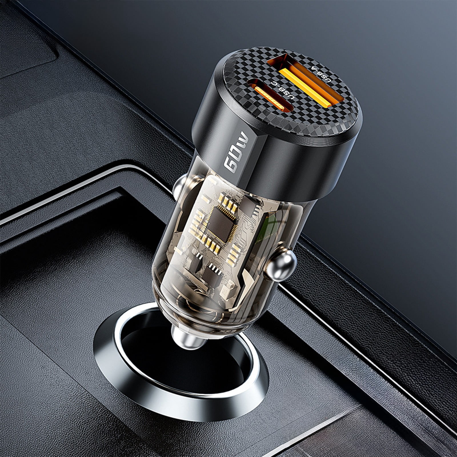 60W Dual Port Car Charger with USB-C and USB-A, 30W+30W Fast Charging for 12-24V Vehicles, Compact Cigarette Lighter Adapter, Multicolor, 1 Pack