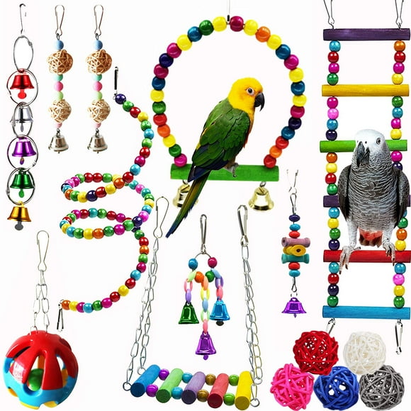 Juego de Juguetes Colgantes para Loros con Campanas y Columpio de Madera, Set de 15 Piezas