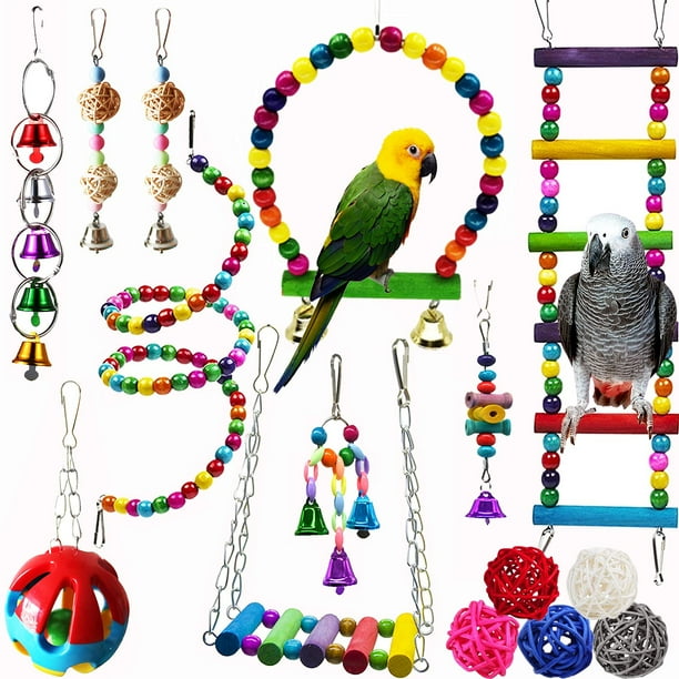 Juego de Juguetes Colgantes para Loros con Campanas y Columpio de Madera, Set de 15 Piezas