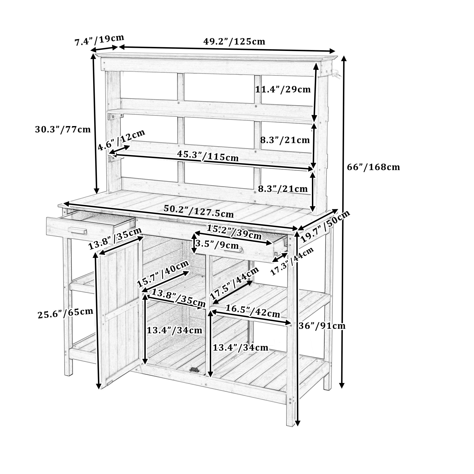 Yoneston 66"H Outdoor Farmhouse Wooden Potting Bench Table, Garden Workstation with 2 Drawers, Cabinet and Open Shelves for Gardening Backyard Mudroom, Gray