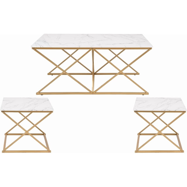 Rosary Blenn Modern Nesting Coffee Table Set of 3, Faux Marble Top with Golden Frame, Coffee Table with 2 Square End Side Tables