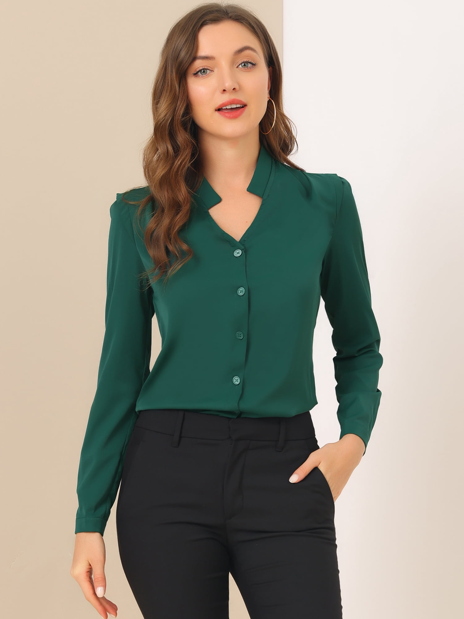 DARING DIVA Women's Elegant V Neck Long Sleeves Button Down Shirt XL Green
