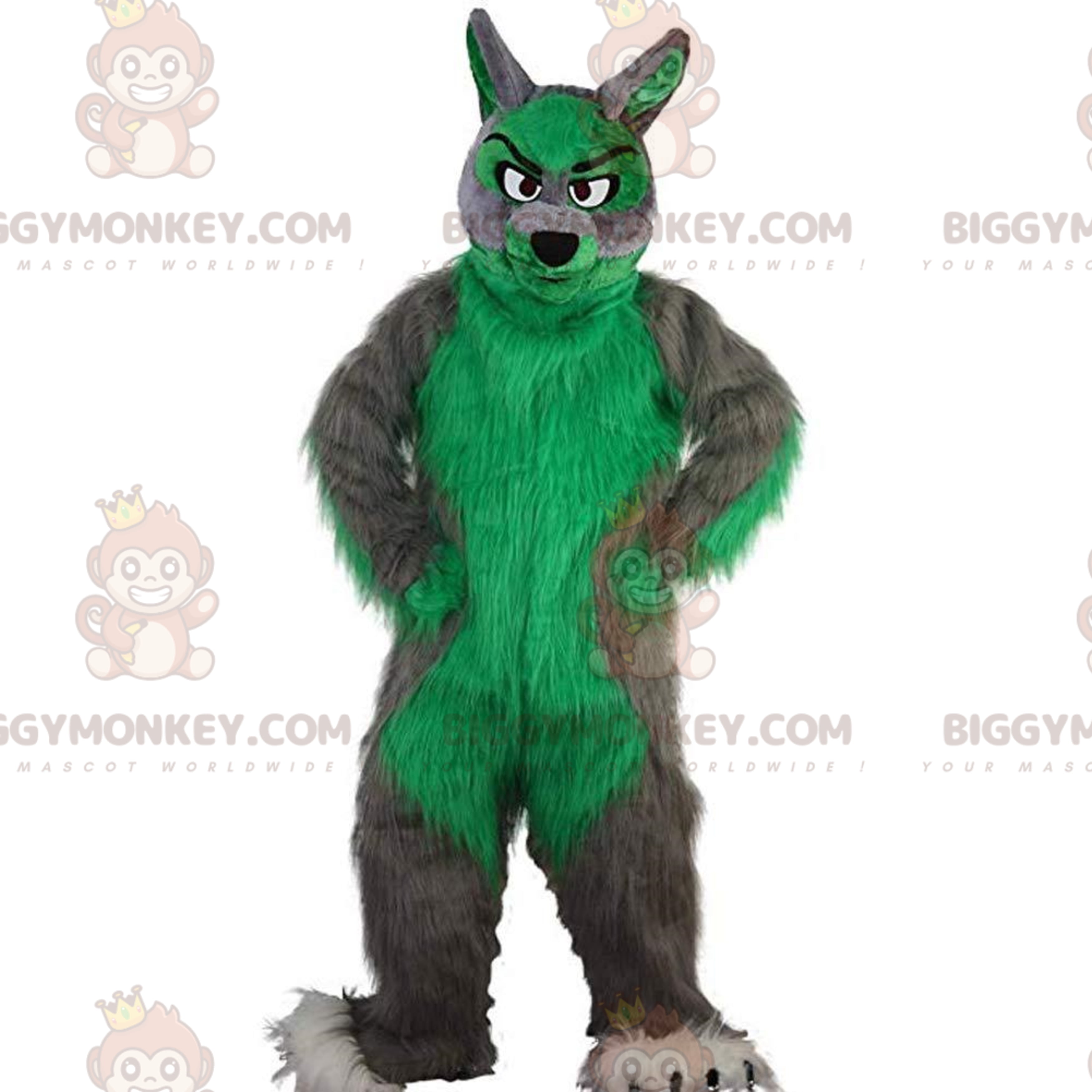 BIGGYMONKEY™ mascot costume gray and green wolf, furry and colorful