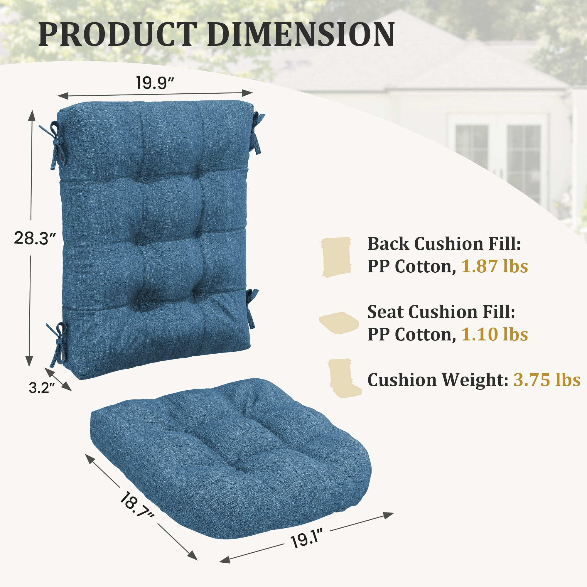 FUNDAZE Outdoor Chair Cushion, 47"L x 19.9"W 2 Piece Cushion W/ Ties for Indoor Outdoor Rocking Chairs, Dark Blue