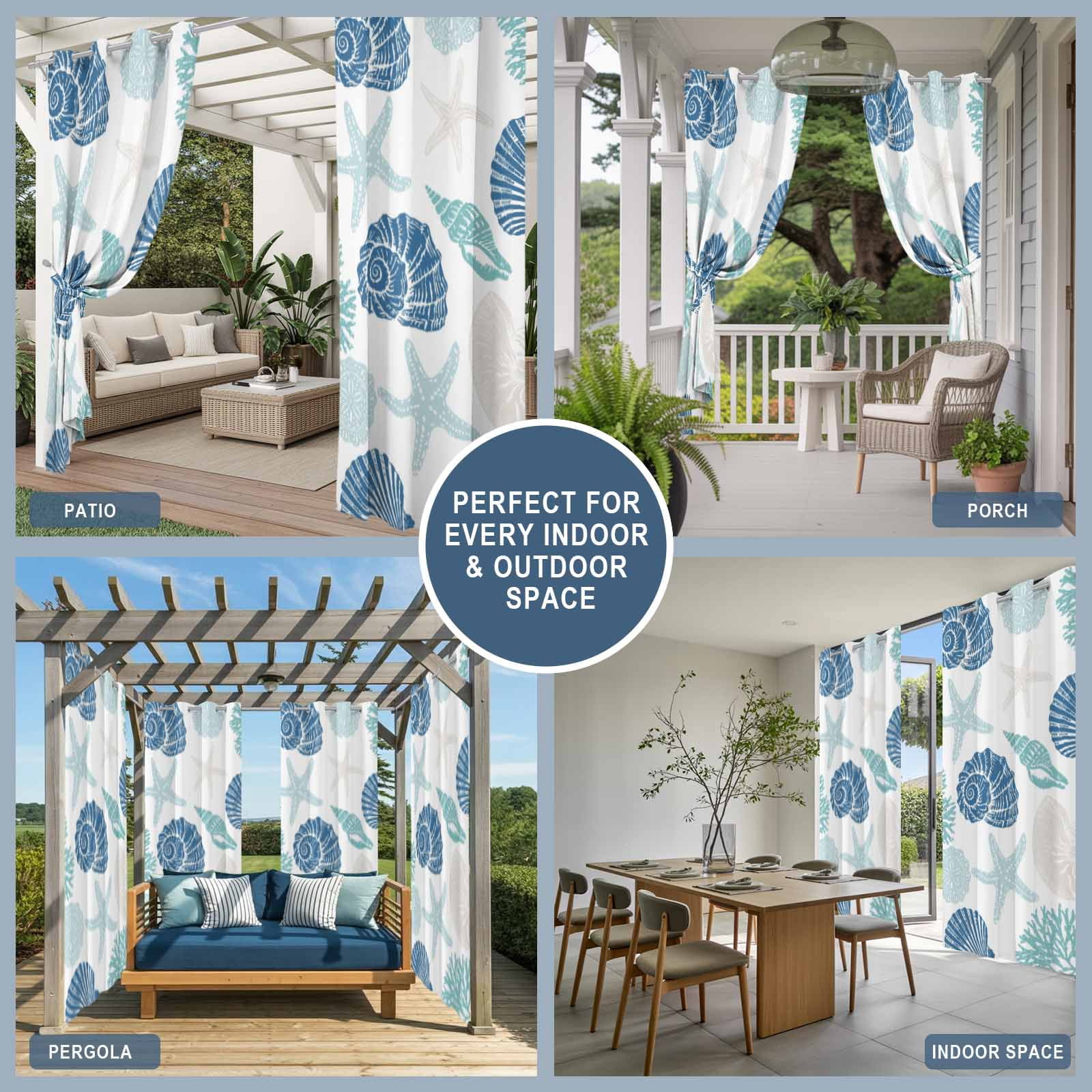 Summer Marine Life Outdoor Curtains for Patio, Graffiti Blue Corals Shell Conch Sea Starfish Sunshade Privacy Drapes Grommet Waterproof Outside Curtains for Porch/Cabana/Balcony 54"x 108", 1 Panel