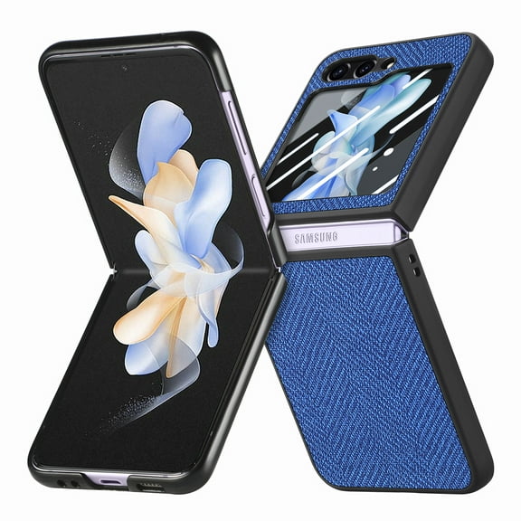 Feishell for Samsung Galaxy Z Flip5 Case Built-in Screen Protector,Denim Grain PU Leather Full Protection Shockproof Slim Lightweight Folding Phone Case Good Gift for Women Men,Blue