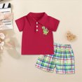 thumbnail image 3 of Kids Toddler Boy Back to School Outfit Dinosaur Embroidery Short Sleeve Polo Shirt Tops Plaid Shorts Set Clothes,Red, 3 of 7