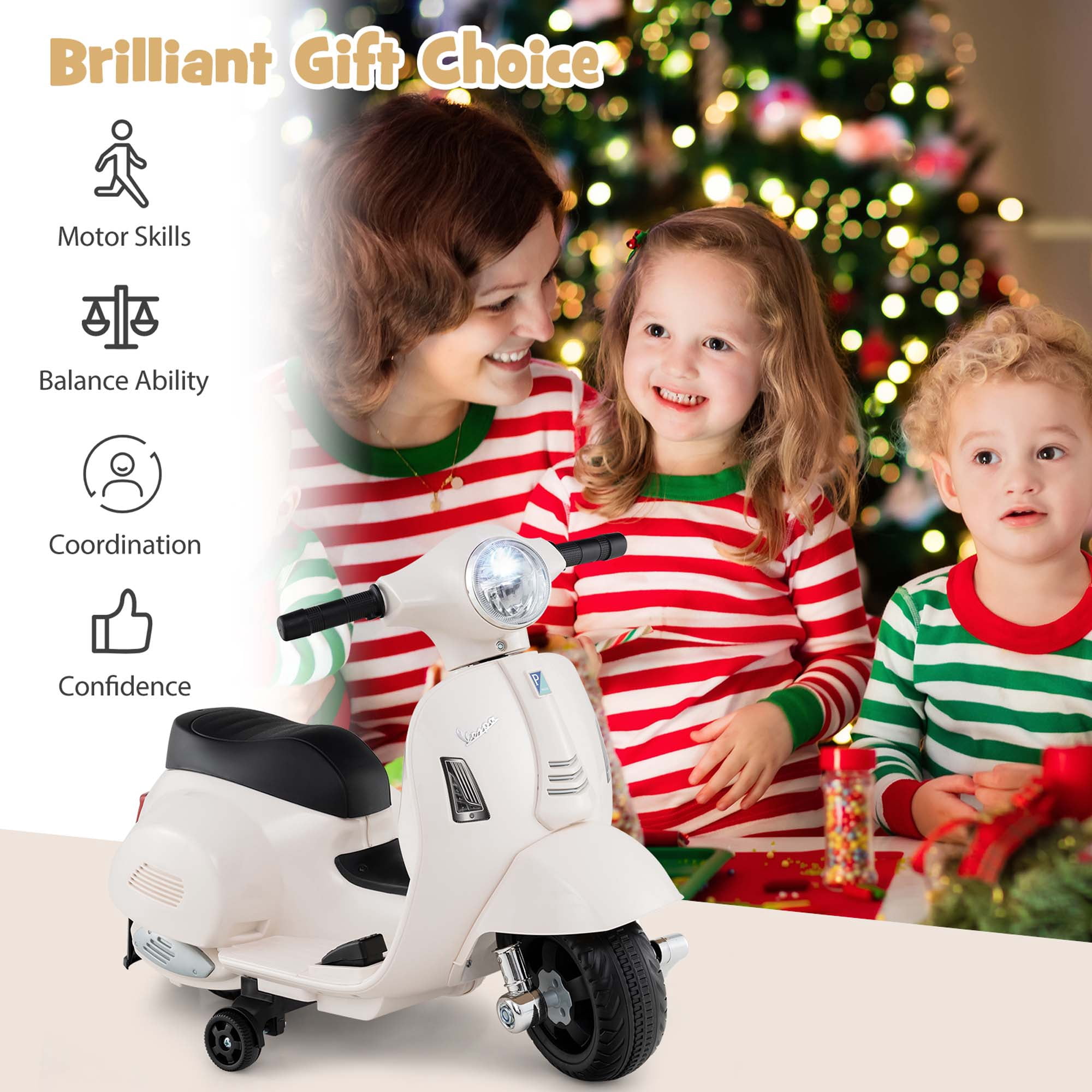 Costway Kids Ride on Motorcycle with Training Wheels Headlight Horn 6V Battery White