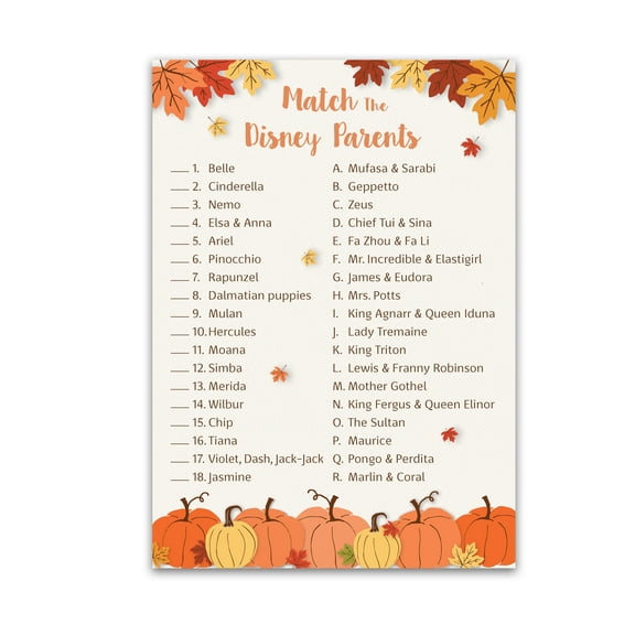 Little Pumpkin Baby Shower Game — Cartoon Parent Match — 25 Pack — Fun Fall Baby Shower or Gender Reveal Activity, Match Famous Cartoon Parents Autumn Theme G330-DPM