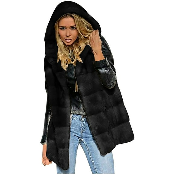 Quinlirra Puffer Vest Women with Hood Women's Faux-FurGilet Sleeveless Waistcoat Body Solid Color Hooded Jacket Coat Outwear Tops