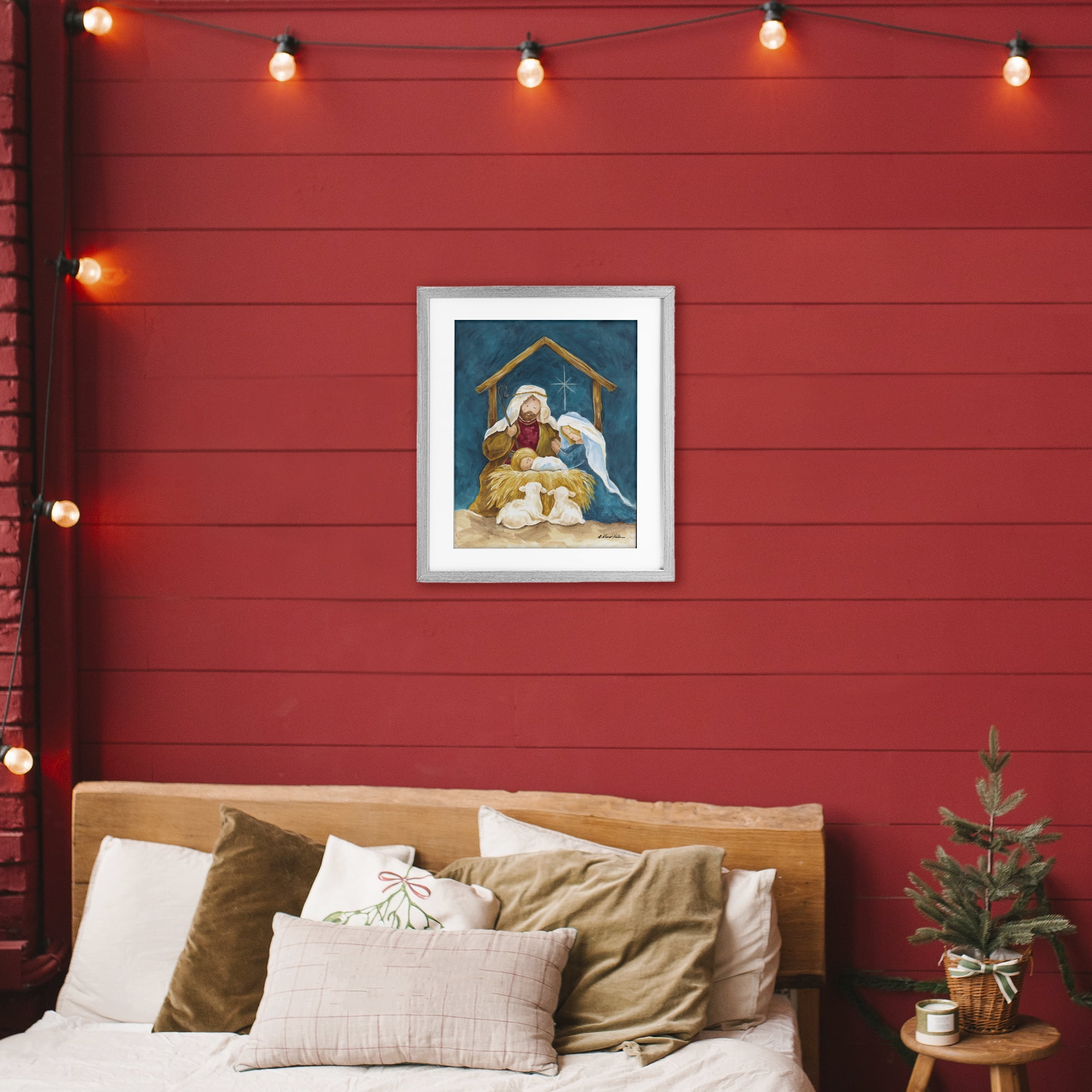Comforting Nativity Painting Gray Framed Print Under Glass, design by Diane Kater