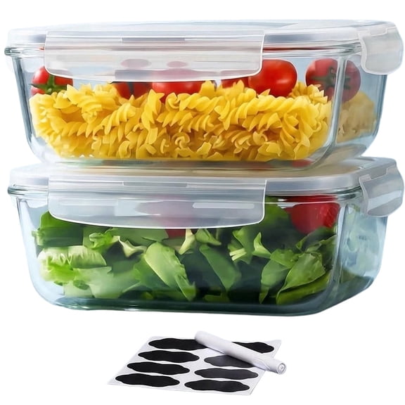 2 Pack 1860ml/ 63oz Large Glass Storage Containers With Lids, Meal Prep Food Container Set With Snap Airtight Lid For Baking, Microwave, Oven, Leak Proof, For Freezer, Dishwasher