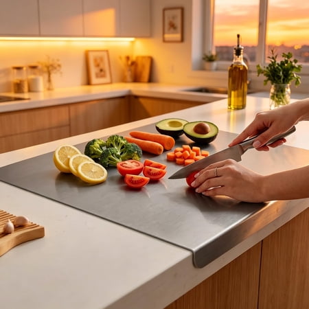 EVHRZN Stainless Steel Cutting Board With Lip, 2026 Upgrade 304 Food Grade Metal Cutting Board for Kitchen, Non-Slip Counter Edge Chopping Boards