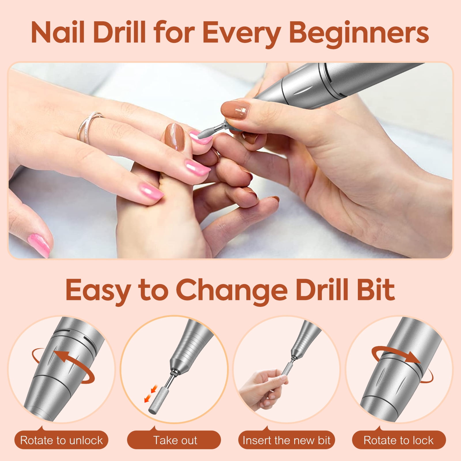 HOOICB Nail Drill, 45000rpm Professional Drills for Acrylic Nails, Portable Electric File Manicure Tools, Cordless Rechargeable Efile Kit