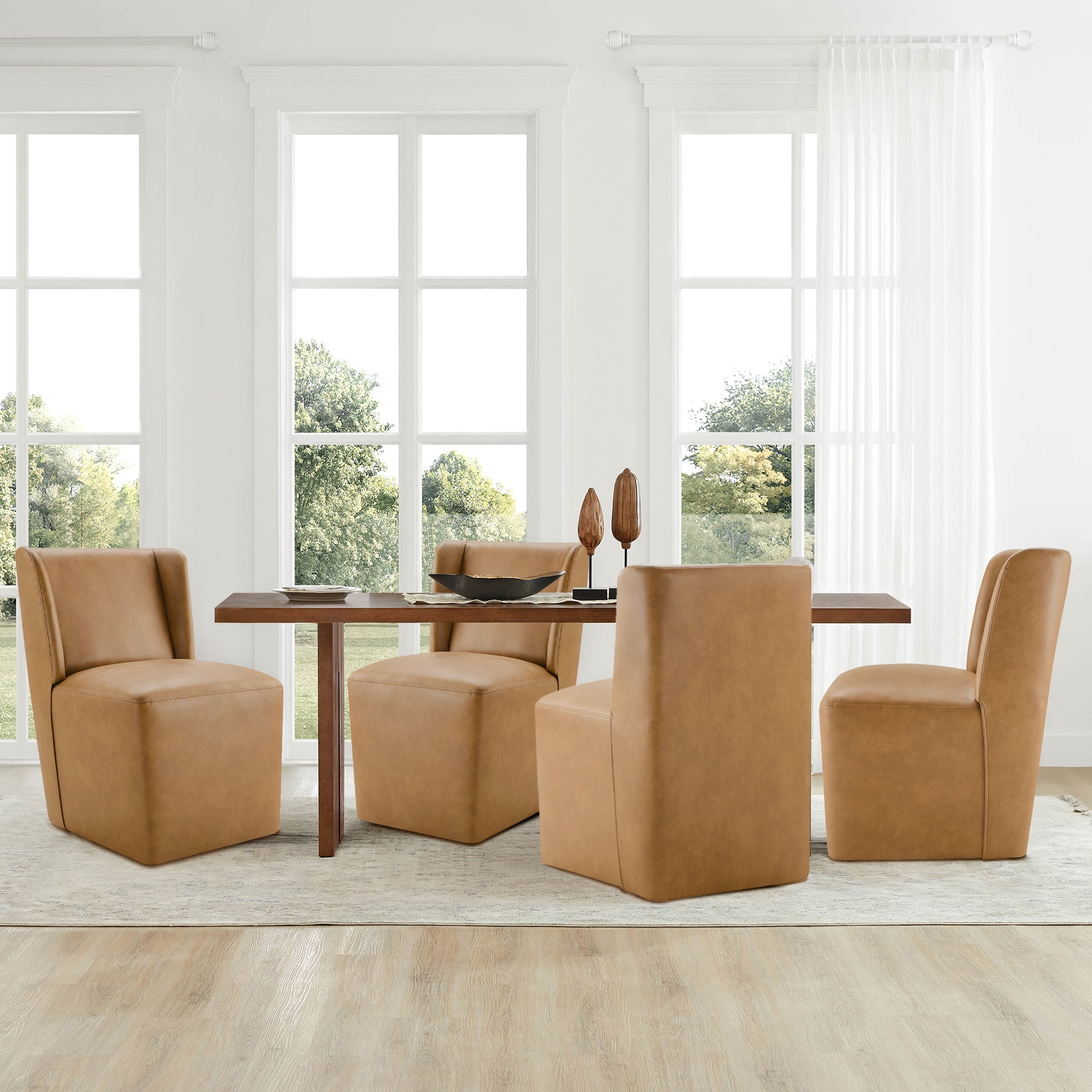 Spruce & Spring Anywhere Faux Leather Dining Chair with Hidden Detachable Casters, Multipurpose Upholstered Accent Chair, Brown