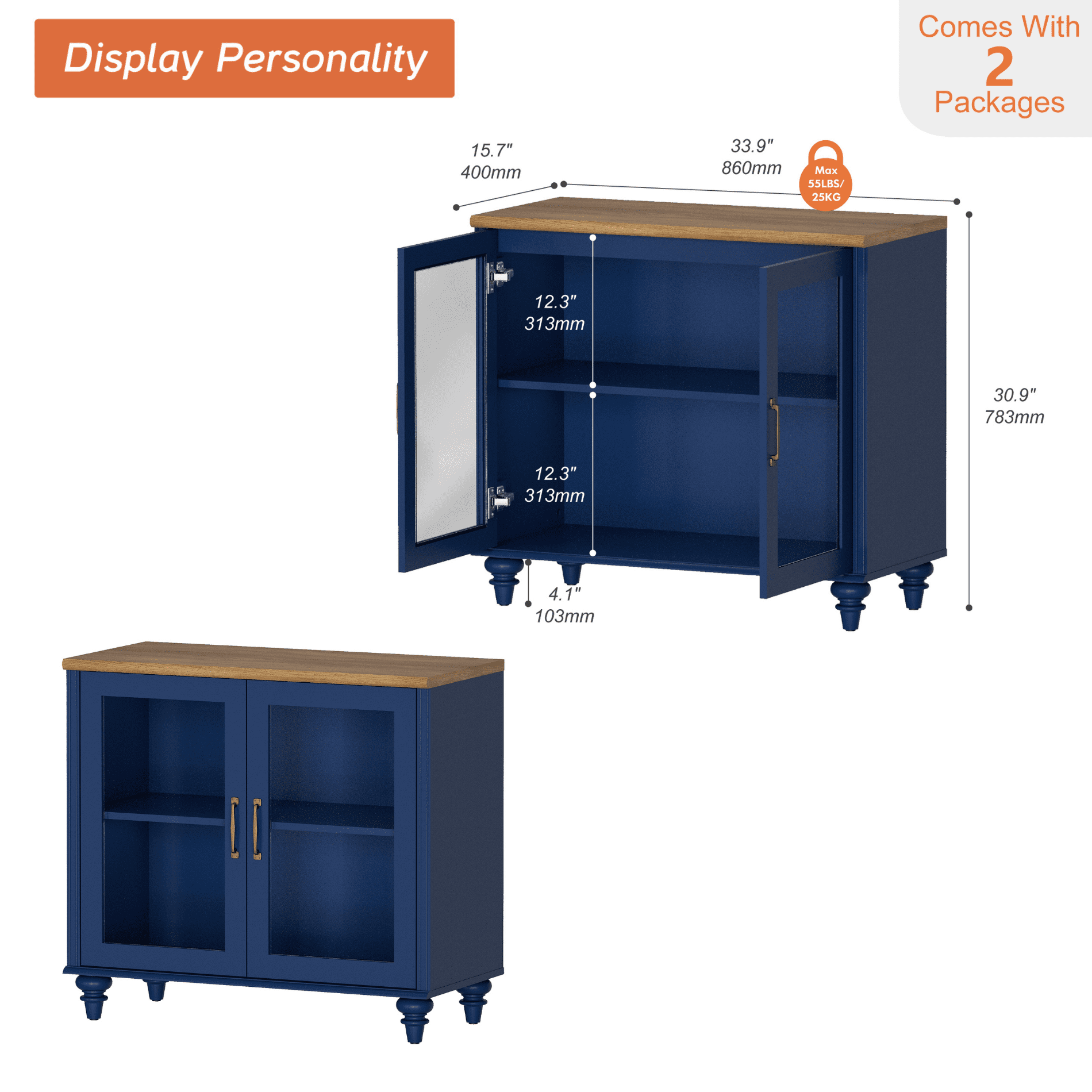 End Table with Glass Doors, Nightstand with Ample Storage, Side Table with for Bedroom, Navy Blue, 2PCS