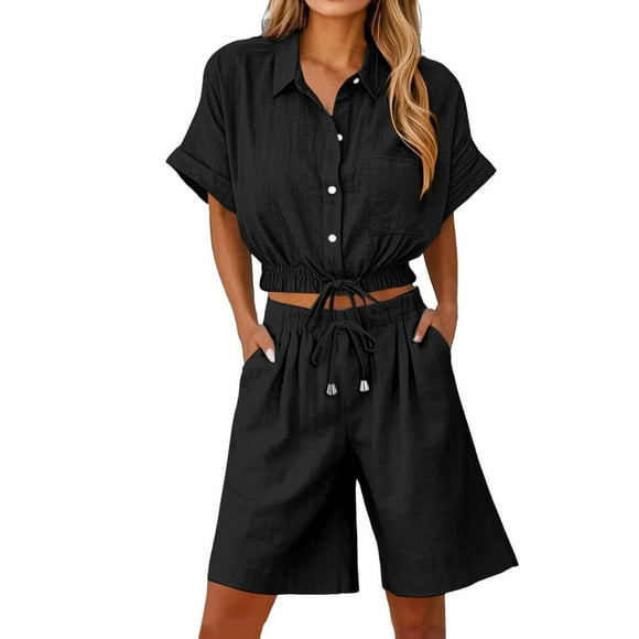 Vestidos Casuales Para Mujer, Blusas De Mujer De Moda Conjunto de blusa y pantalones cortos de lino para mujer, con solapa, manga corta y botones sueltos, para verano