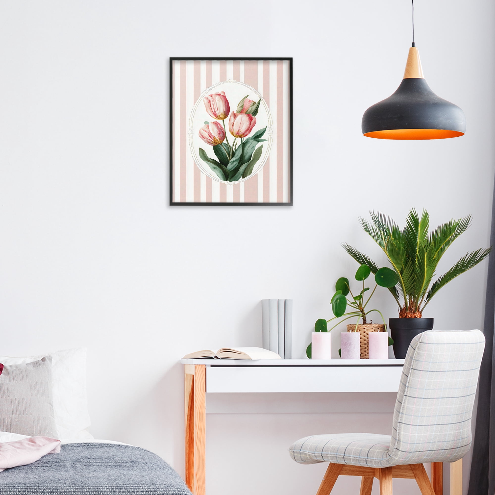Stupell Industries Vintage Tulips on Stripes Black Framed Giclee Art, design by Ink Drop Loft