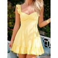 thumbnail image 4 of Yellow Womens Sleeveless Square Neck Ruched Waist Mini Dress With Ruffle Shoulder And Hem, 4 of 6