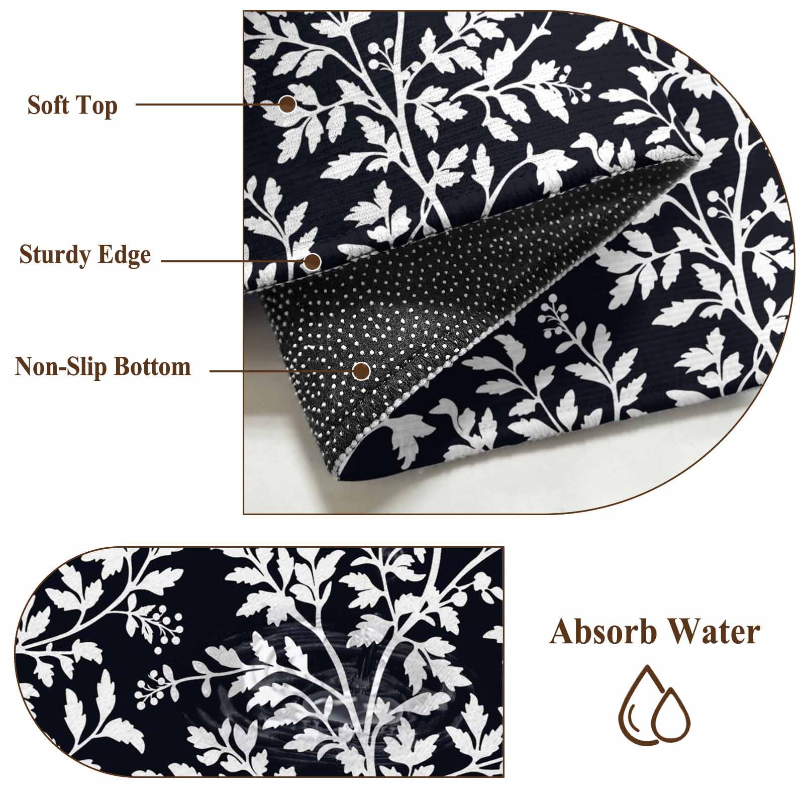 Runner Rug 2'x6', Black Spring Floral Washable Non-Slip Hallway Runner Rugs, Farmhouse Flowers Elegant Pastoral Bedside Rugs Floor Mats Carpet Runners for Kitchen Bathroom Laundry Room
