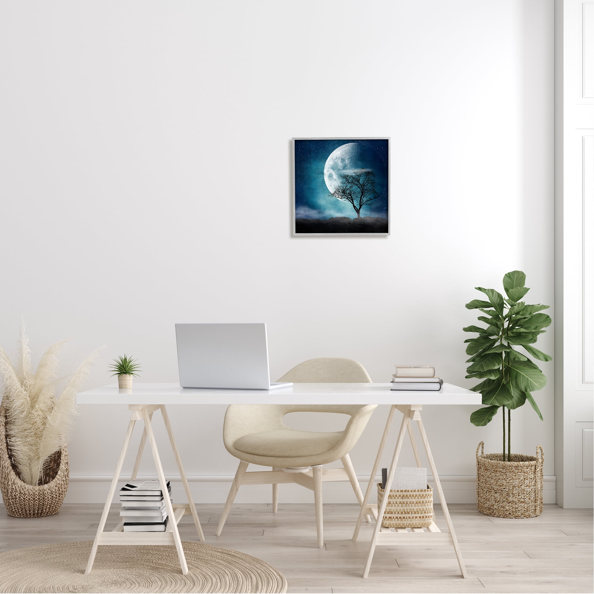 Stupell Industries Surreal Full Moon Tree Silhouette Landscape Painting Gray Framed Art Print Wall Art