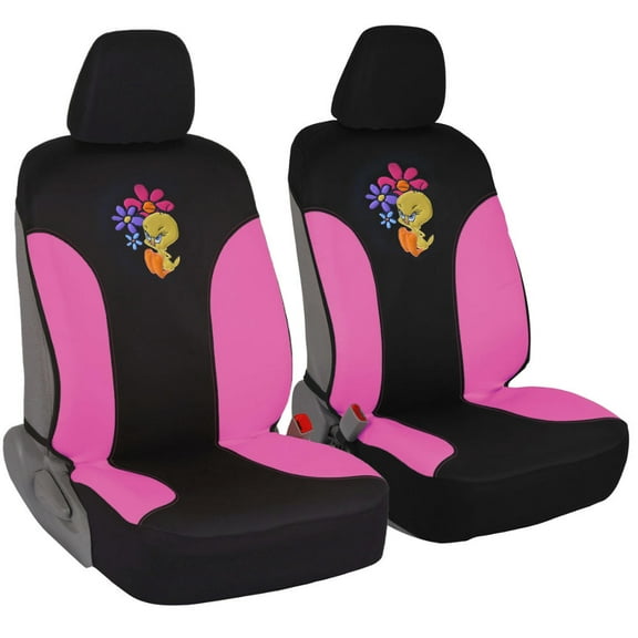 Tweet Bird Car Seat Covers - 100% Waterproof Front Pair Pink Sides (Two Seat Covers)- Tweety Bird Attitude, Side Airbag Compatible
