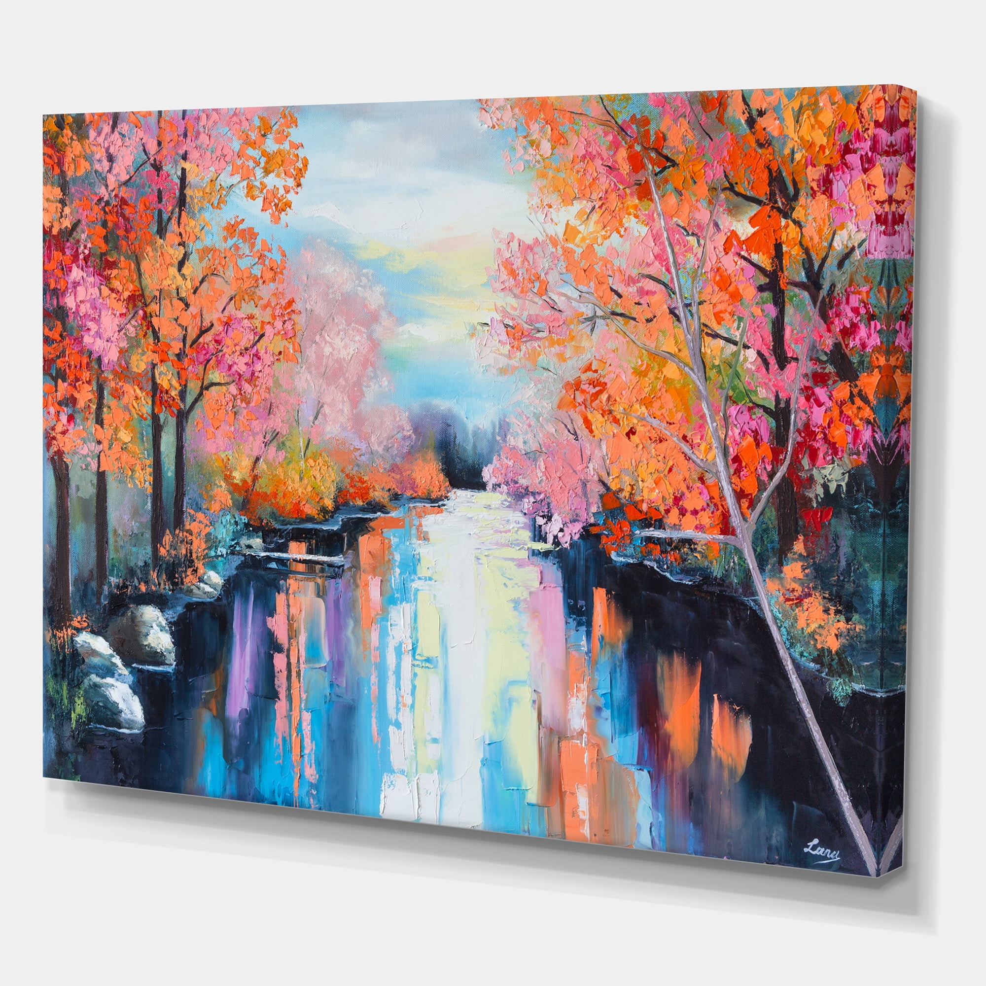 Designart ' The River Through Orange Autumn Forest ' Lake House Canvas Wall Art Print
