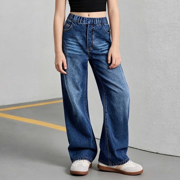 Girls' Loose Wide Leg Denim Jeans, Floor-length design with elastic waist, relaxed silhouette for lasting comfort, 5-15 Years Blue 7-8 Years