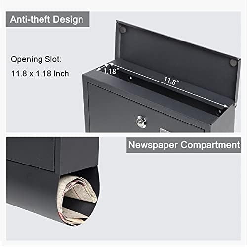 Locking Mailbox Wall Mount, Black Mailboxes with Secure Key Lock and Newspaper Compartment, Key Lock Drop Box Large Capacity with Galvanized Cover and Rust-Proof Metal Mailbox, HPB2210 Black