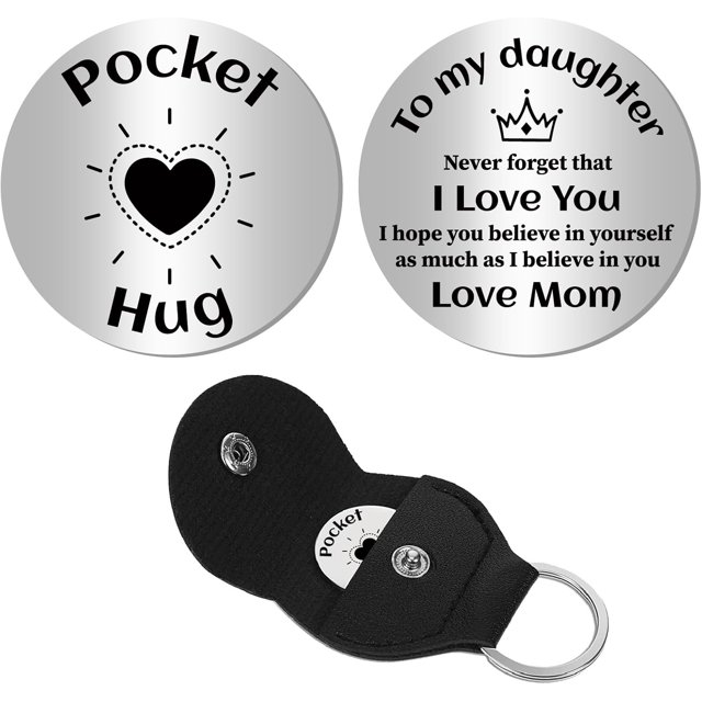 Pocket Hug Token Long Distance Relationship Keepsake Stainless Steel Double Sided Message Engraved Black Heart Pocket Token Commemorative Coin with PU Keychains for Memento Gift 1.2x1.2Inch