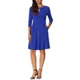 thumbnail image 2 of Vestido de Cuello Redondo INSPIRE CHIC para Mujer, con Mangas 3/4, Plisado, Corte A, Casual y Elegante, Color Azul Real, 2 of 6