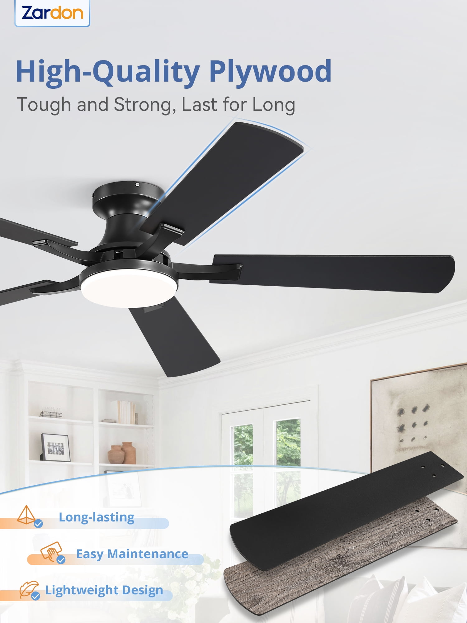 Zardon 52 inch Black Ceiling Fan with Light, Flush Mount Low Profile, App & Remote Control, Dimmable 6-Speed, Quiet Reversible DC Motor for Bedroom, Living Room