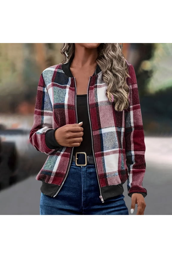 Women's Fashion Cropped Flannel Shirt Plaid Shacket Long Sleeve Button Down Jackets Coat Women's Long Sleeve Round Neck Zipper Lightweight Fashion Plaid Jacket Wine M