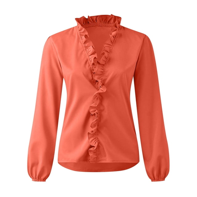 Daeful Chemises pour Femmes Col en V Hauts Bureau Blouse Décontractée à Volants Orange TTG
