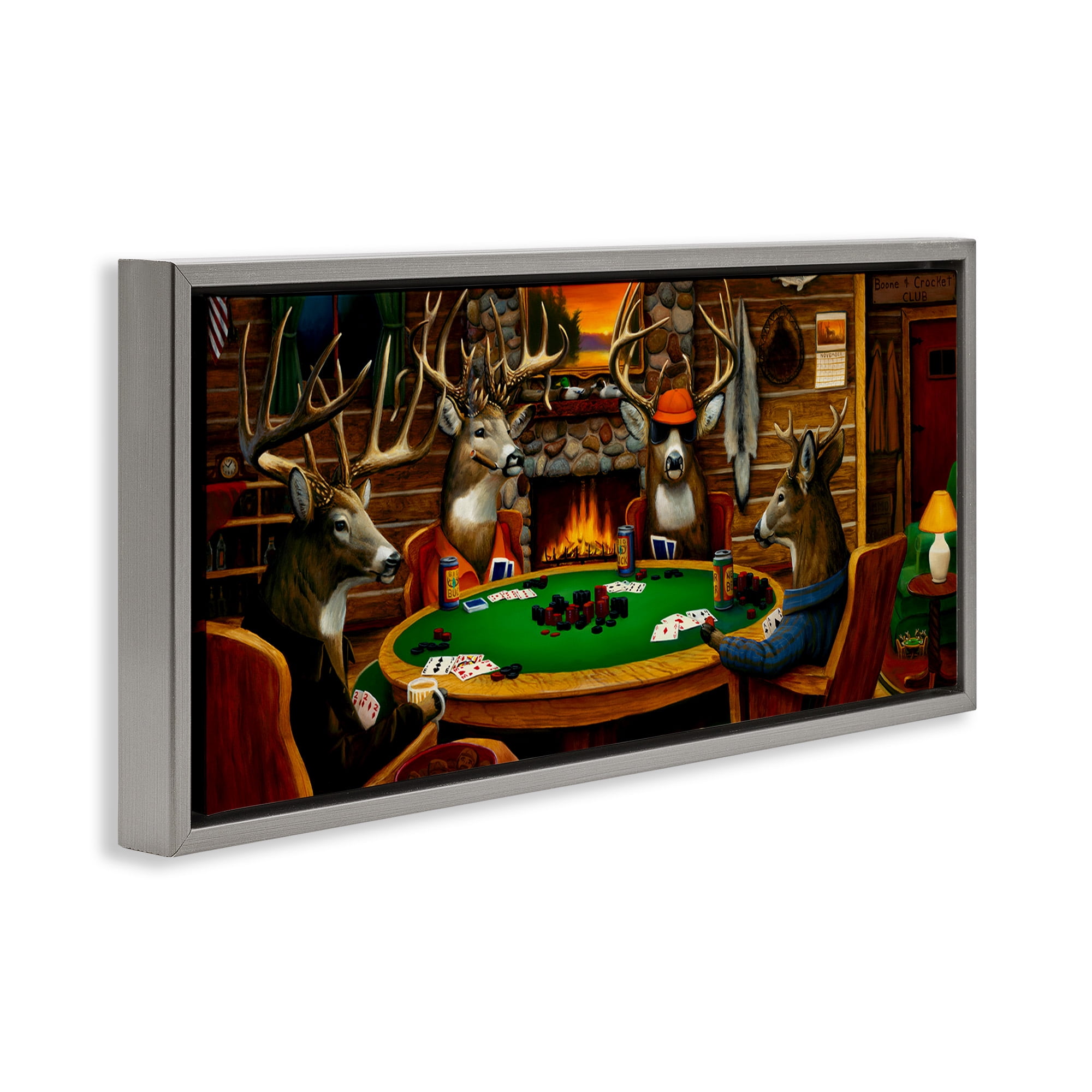 Stupell Industries Deer Playing Poker in Lodge Animals & Insects Painting Gray Floater Framed Canvas Art Print Wall Art, 31 x 14