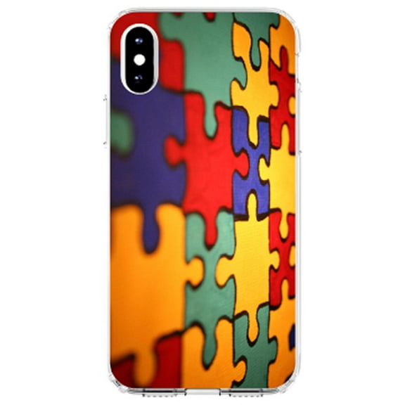 DistinctInk Clear Shockproof Hybrid Case for iPhone XR (6.1" Screen) - TPU Bumper, Acrylic Back, Tempered Glass Screen Protector - Red Blue Yellow Puzzle Pieces - Austism Awareness
