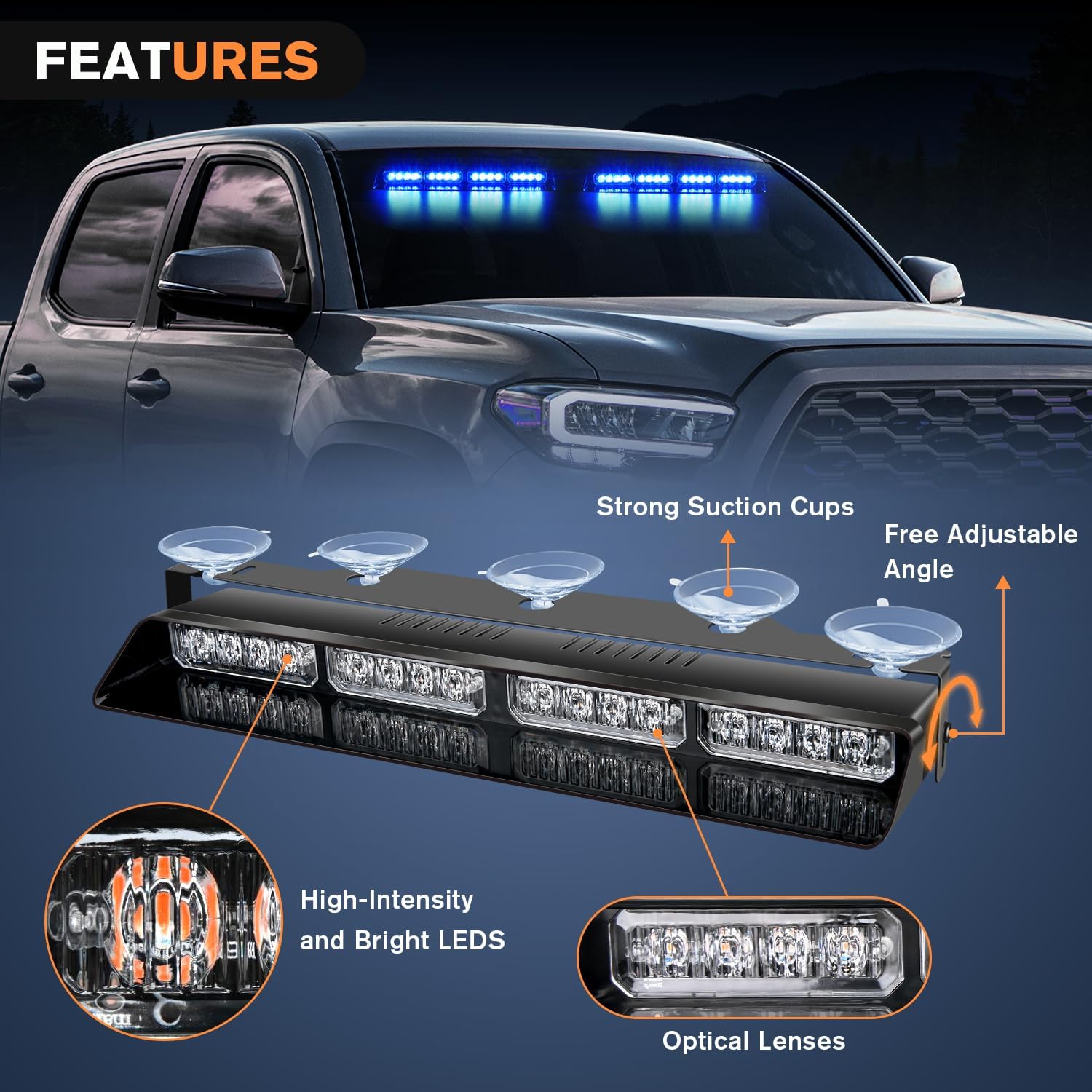 Nilight 32Led Blue  Strobe Lights with Controller Suction Cups Warning Hazard Interior Front/Rear Windshield Deck Split Light Bar for Trucks