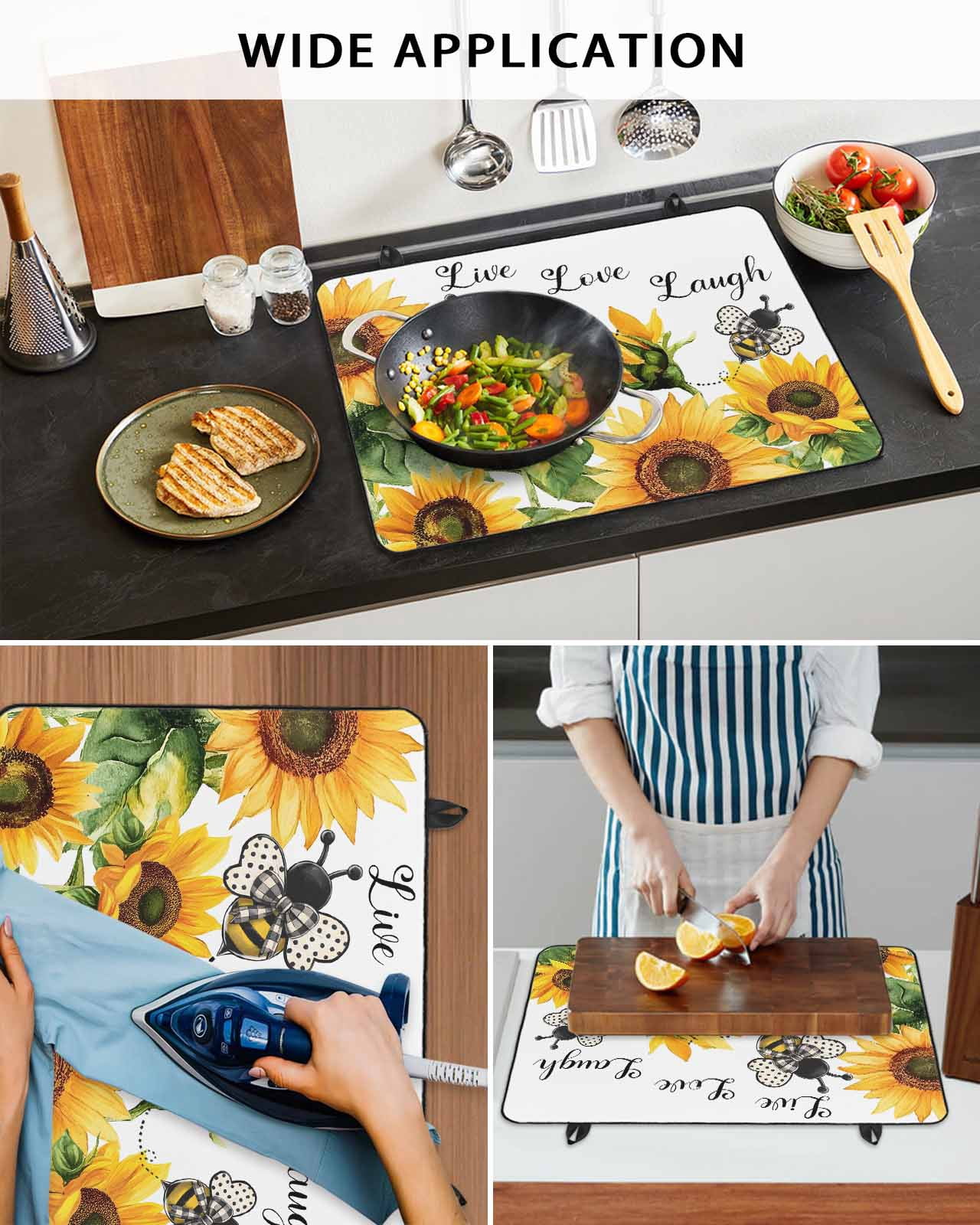 nqOlkjepod Large Induction Cooktop Protector Mat 24"x21", Sunflower Bee Stove Top Covers for Electric Stove, Vintage Yellow Floral Farmhouse Watercolor Stove Burner Cover Mats, Glass Top Stove Cover