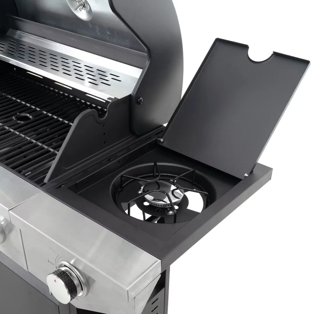 Leuco 4 Burner BBQ Propane Gas Grill, 46,500 BTU Stainless Steel Patio Garden Barbecue Grill with Stove and Side Table